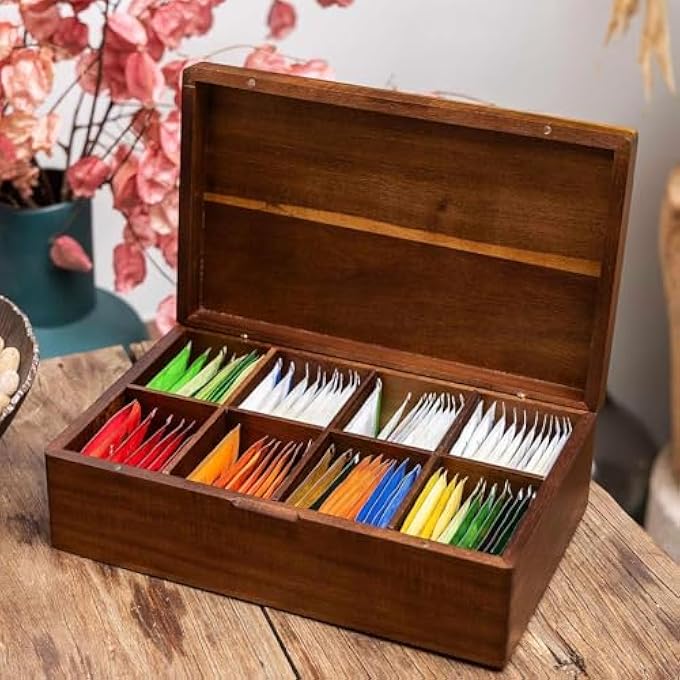 كاست ويف منظم أكياس الشاي من خشب الأكاسيا مع 8 أقسام، صندوق تخزين شاي خشبي وعلبة لأكياس الشاي، متعدد الأقسام، حاوية صندوق شاي من الخشب الطبيعي، منظم للمطبخ أو المكتب - Image 5
