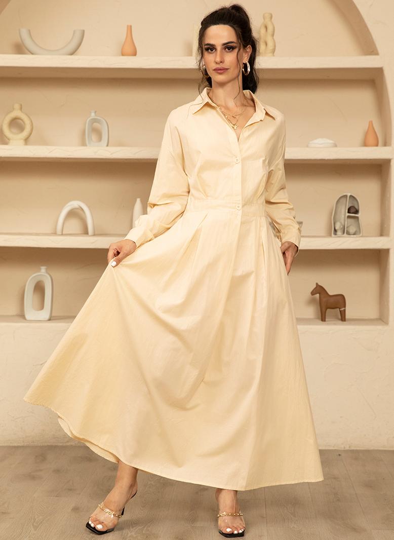 فرايديين انيق طوق متقلب اللون الصامد ضمادة كم منتظم فساتين طويلة مشمشي - Image 3