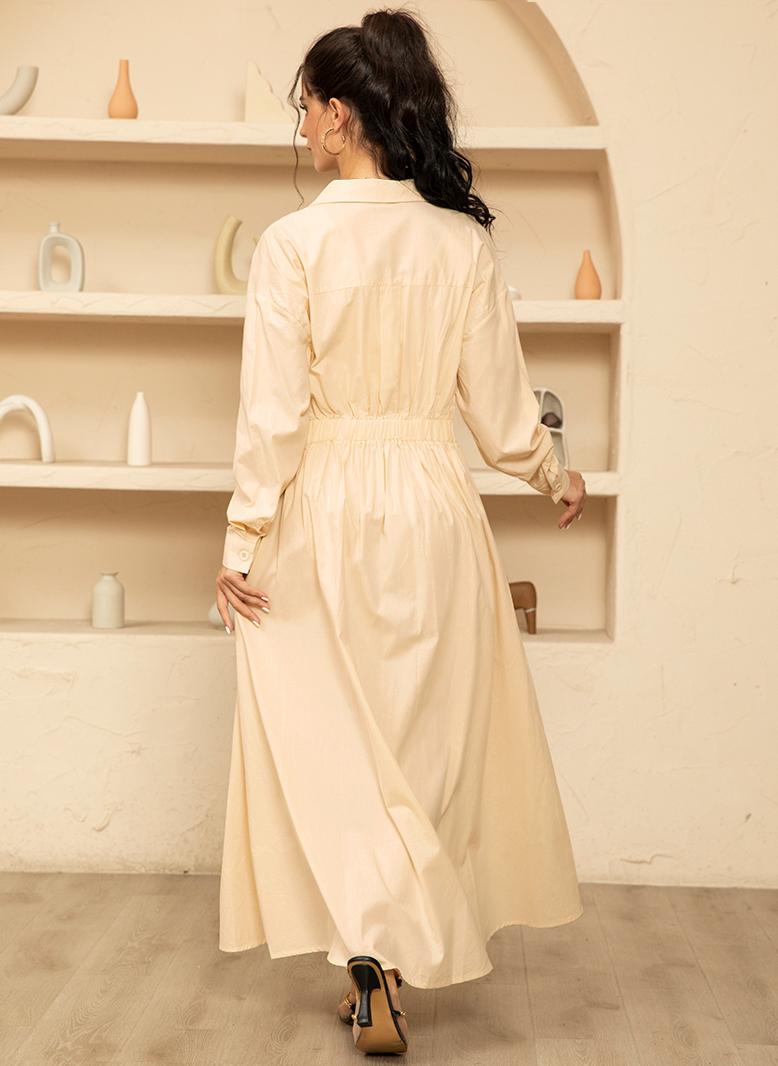 فرايديين انيق طوق متقلب اللون الصامد ضمادة كم منتظم فساتين طويلة مشمشي - Image 2