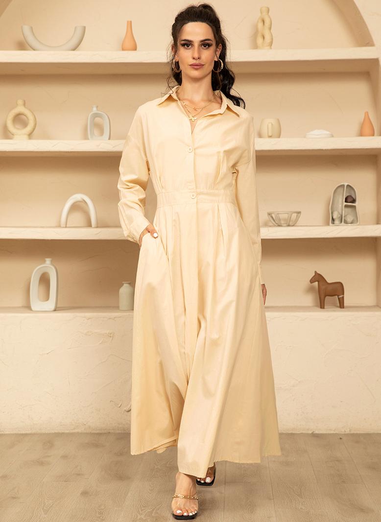 فرايديين انيق طوق متقلب اللون الصامد ضمادة كم منتظم فساتين طويلة مشمشي - Image 5