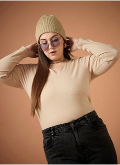 Plus Size Textured Rib Knit Notch Neck Top by Styli