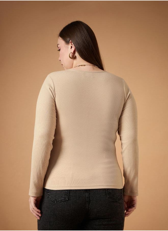 SASSAFRAS - Plus Size Textured Rib Knit Notch Neck Top by Styli - Image 1