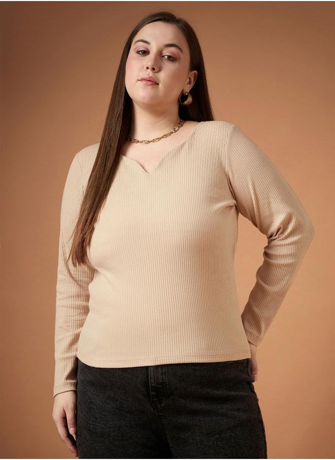 SASSAFRAS - Plus Size Textured Rib Knit Notch Neck Top by Styli - Image 1