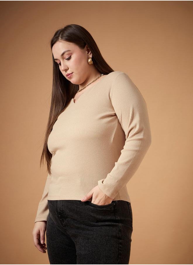 SASSAFRAS - Plus Size Textured Rib Knit Notch Neck Top by Styli - Image 1