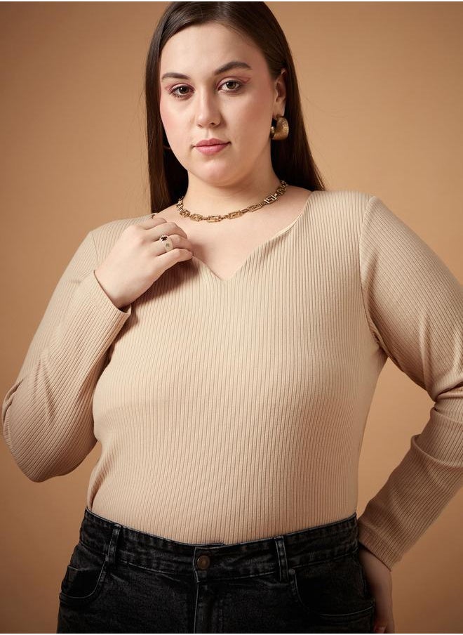 SASSAFRAS - Plus Size Textured Rib Knit Notch Neck Top by Styli - Image 1