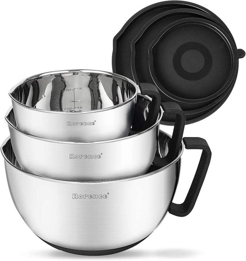 Rorence Stainless Steel Non-Slip Mixing Bowls With Pour Spout, Handle and Lid, Set of 3, Black - Image 1