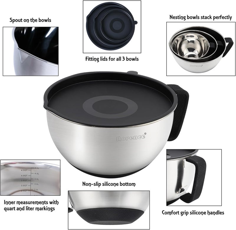 Rorence Stainless Steel Non-Slip Mixing Bowls With Pour Spout, Handle and Lid, Set of 3, Black - Image 5