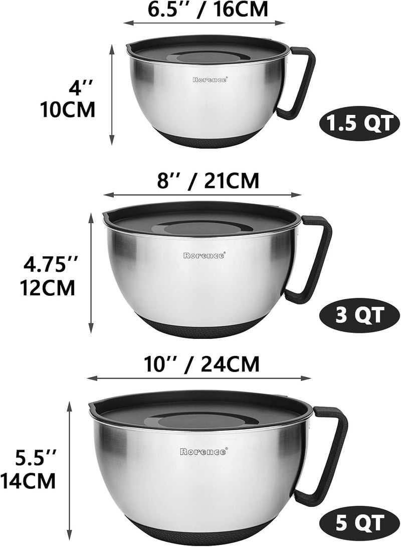 Rorence Stainless Steel Non-Slip Mixing Bowls With Pour Spout, Handle and Lid, Set of 3, Black - Image 3