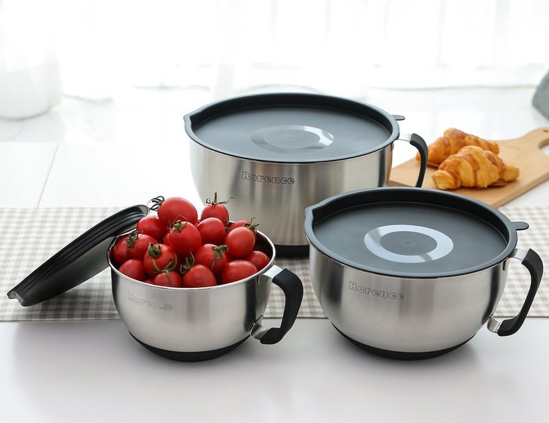 Rorence Stainless Steel Non-Slip Mixing Bowls With Pour Spout, Handle and Lid, Set of 3, Black - Image 4
