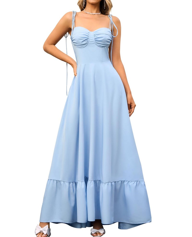 GLNEGE Women's Summer Spaghetti Strap Maxi Wedding Guest Dress Smocked Ruffle Tea Party Dresses Flowy A Line Sundress Blue - Image 1