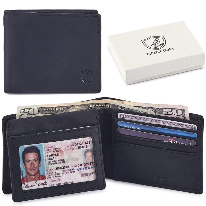 Cochoa Wallet for Men's RFID Blocking Real Leather Bifold Stylish 2 ID Window in Gift Box (CRAZY HORSE, BLACK) - Image 1