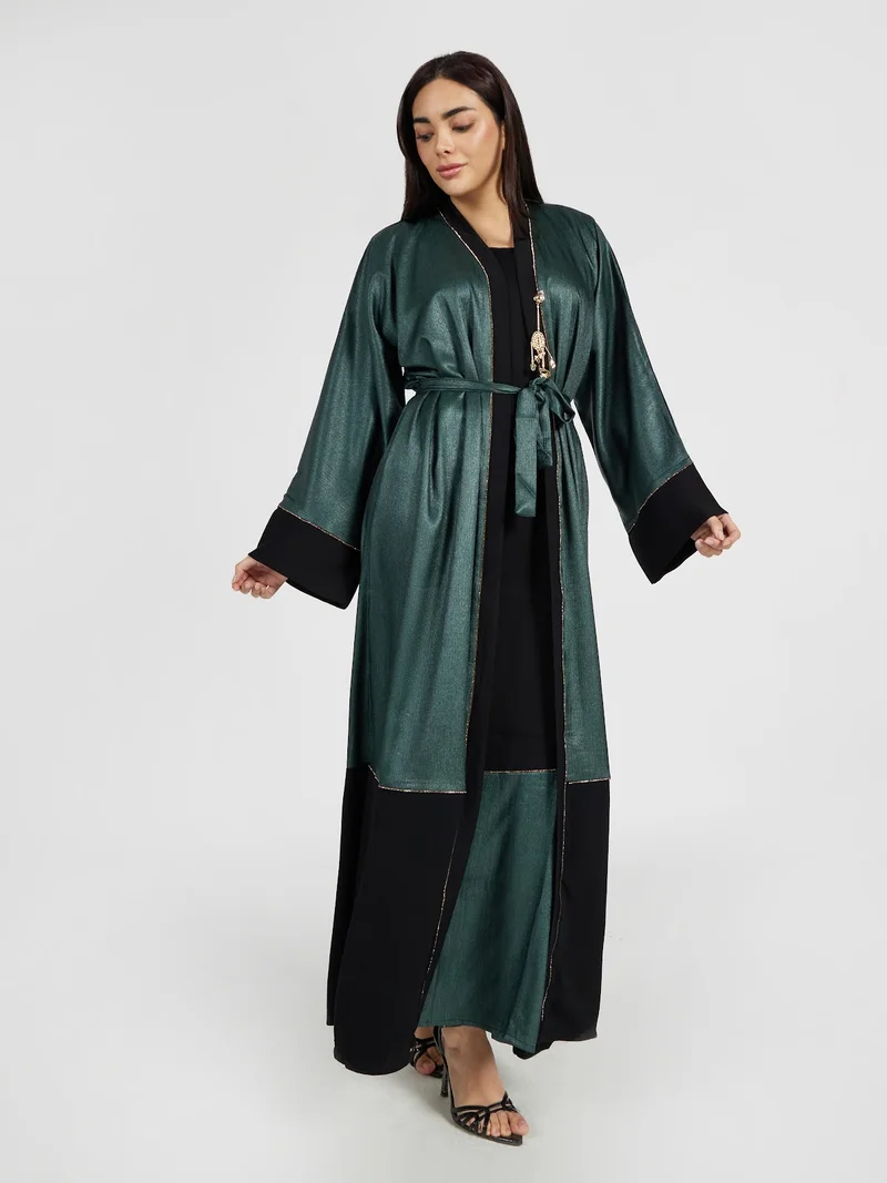 Reem Abayas Two-Tone Emerald Green & Black Belted Occasion Abaya