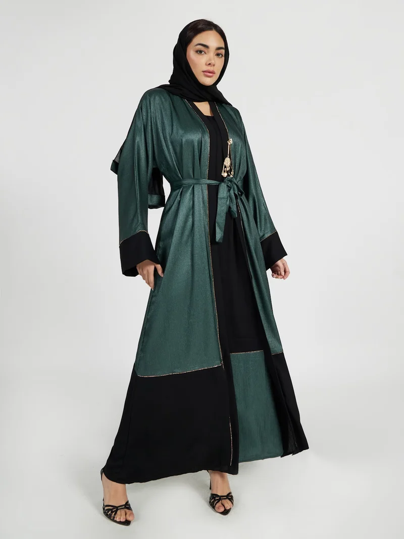 Reem Abayas Two-Tone Emerald Green & Black Belted Occasion Abaya