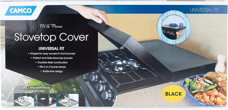 Camco Camper/RV Stove Top Cover | Features Hinged Design for Easy Access to Front Burners & Fits Most 3 or 4 Burner RV/Boat Stoves | Crafted of 20-Gauge Steel w/Powder-Coated Finish | Black (43554) - Image 5
