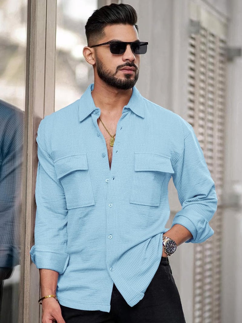 Noble Monk Men's Solid Casual Shirt |Full Sleeve | Regular Fit |Stylish Shirt for Men Sky Blue - Image 4