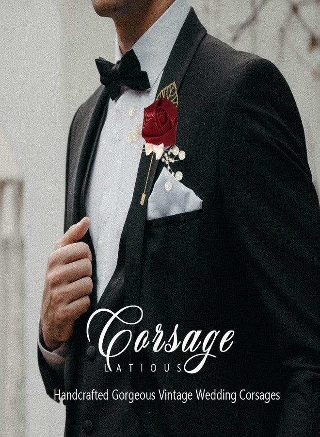 Latious Wedding Satin Rose Boutonniere Red Groom Silk Flower Pin Men's Boutineer Suit Decoration Party Prom Anniversary Accessories for Bridegroom and Man (A- Red) - Image 3