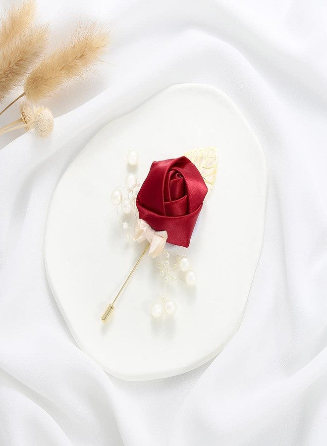 Latious Wedding Satin Rose Boutonniere Red Groom Silk Flower Pin Men's Boutineer Suit Decoration Party Prom Anniversary Accessories for Bridegroom and Man (A- Red) - Image 2