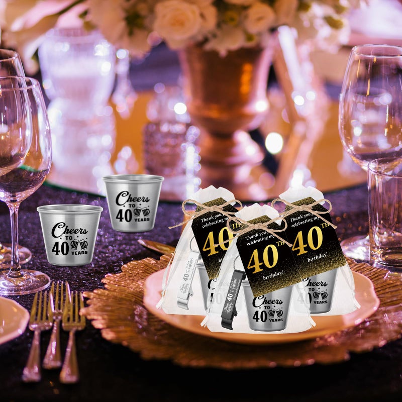 Domensi 30 Sets 40th Birthday Party Favors for Guests Bulk Include Cheers to 40 Years Short Cups Beer Bottle Opener Keychains Thank You Cards with Gift Bags and Ropes for Birthday Party Gifts - Image 4