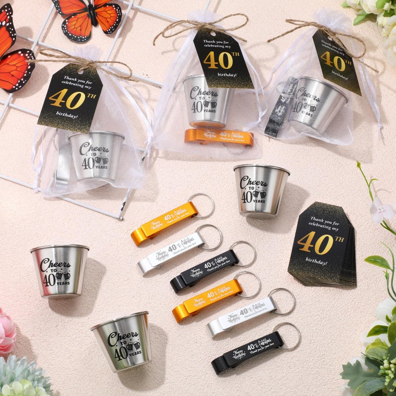 Domensi 30 Sets 40th Birthday Party Favors for Guests Bulk Include Cheers to 40 Years Short Cups Beer Bottle Opener Keychains Thank You Cards with Gift Bags and Ropes for Birthday Party Gifts - Image 3