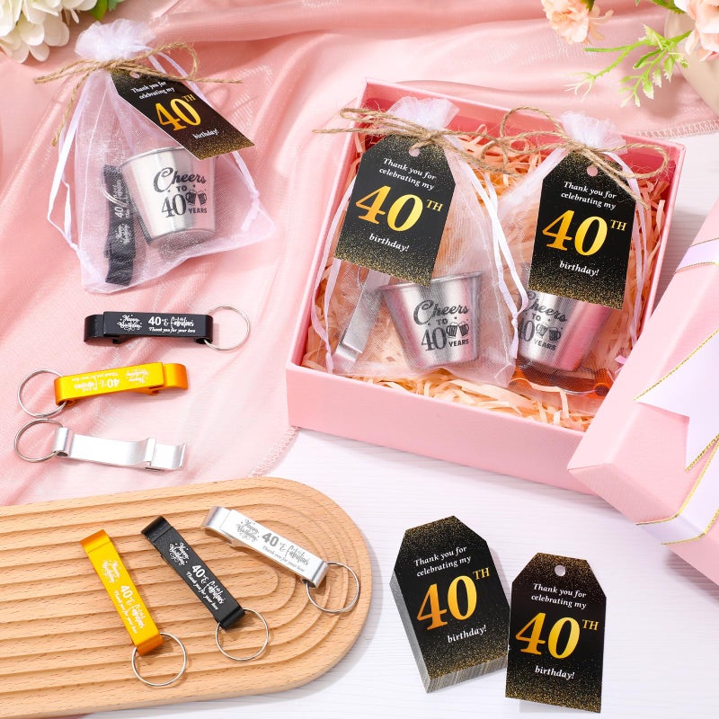 Domensi 30 Sets 40th Birthday Party Favors for Guests Bulk Include Cheers to 40 Years Short Cups Beer Bottle Opener Keychains Thank You Cards with Gift Bags and Ropes for Birthday Party Gifts - Image 5