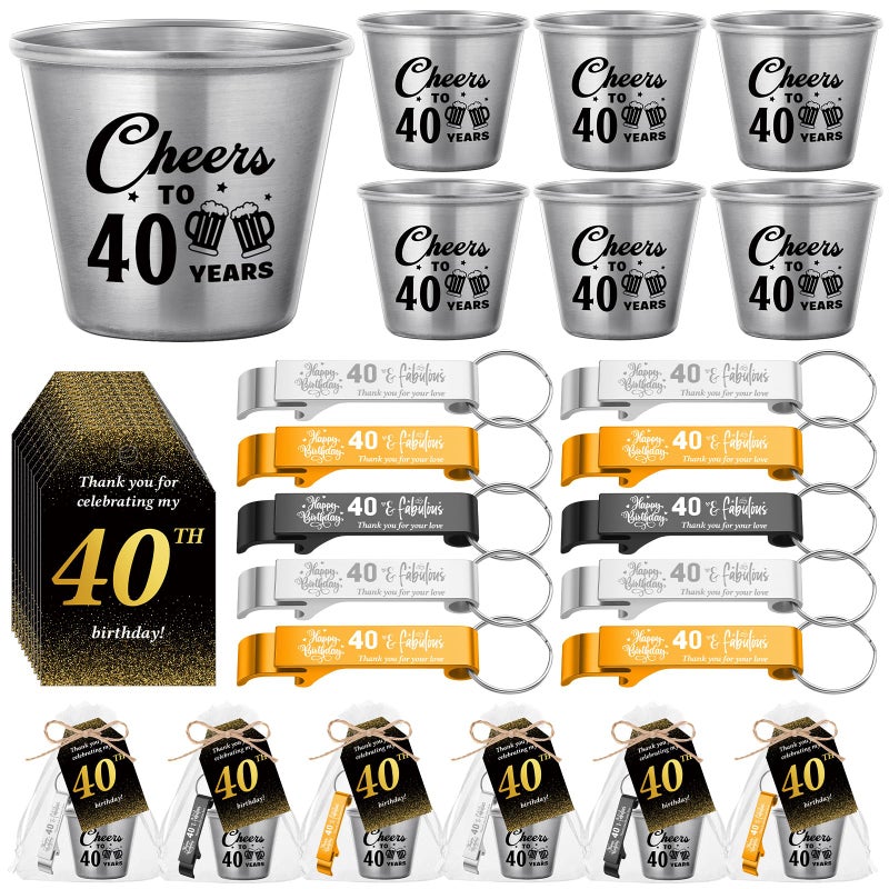 Domensi 30 Sets 40th Birthday Party Favors for Guests Bulk Include Cheers to 40 Years Short Cups Beer Bottle Opener Keychains Thank You Cards with Gift Bags and Ropes for Birthday Party Gifts - Image 1