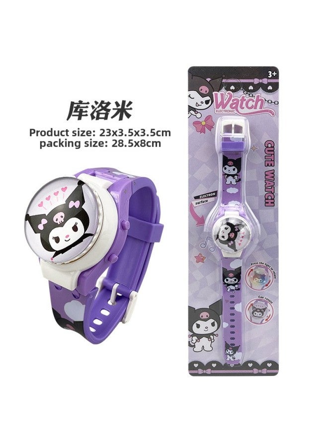 Exquisite Cartoon Sanrio Rotating Glass Cover Flip Top Watch Rotatable Decompression Children's Electronic Watch-Color:Kuromi - Image 1