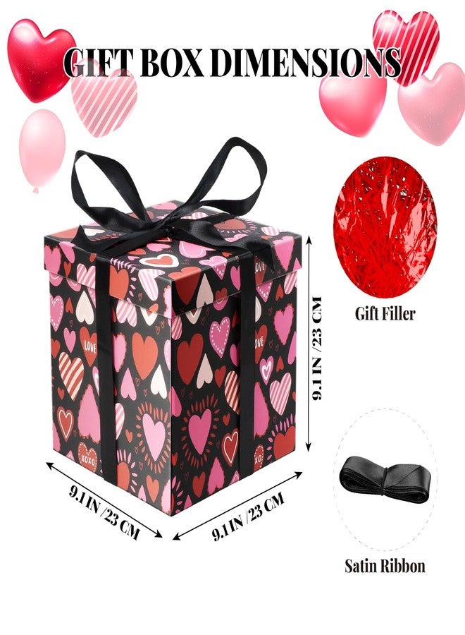 XiaosRen 9" Medium Valentine Gift Box with Lid and Paper Filler, Black Love Heart Gift Box with Ribbon for Valentine's Day Party Presents Wrapping. - Image 2