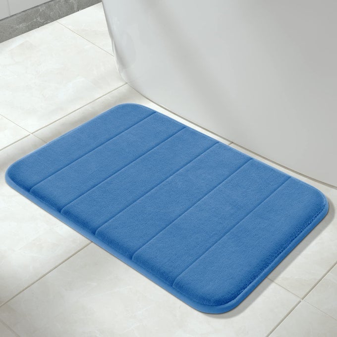 MEMORY FOAM BATH MAT RUG 24 X 17 INCHES COMFORTABLE SOFT NONSLIP SUPER ABSORBENT QUICK DRYING BATHROOM RUG FOR FLOOR TUB SHOWER MACHINE WASHABLE THICK BLUE