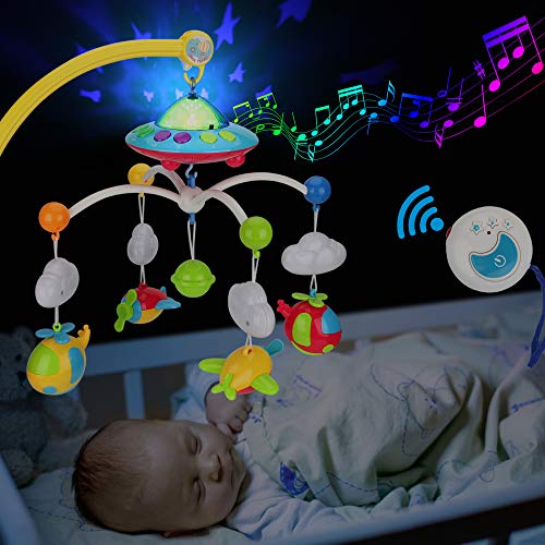 Baby Musical Crib Mobile with Hanging Rotating Toys Remote Control Lights Projector Function Music Box Cartoon Rattles for Babies Boy Girl 024 Months Newborn Sleep with 108 Melodies Plane