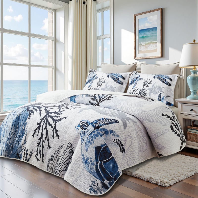 weesire Coastal Bedding Queen Size Coastal Quilt with 2 Shams, Nautical Beach Comforter Sets Ocean Bedspreads Blue Seaturtle Coverlet Summer Bedding, 90''x96'' - Image 2