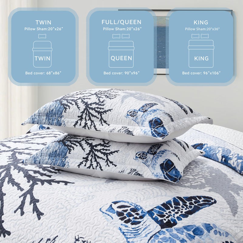 weesire Coastal Bedding Queen Size Coastal Quilt with 2 Shams, Nautical Beach Comforter Sets Ocean Bedspreads Blue Seaturtle Coverlet Summer Bedding, 90''x96'' - Image 3