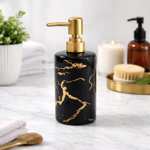 Whizzo Luxury Black Marble Design Ceramic Soap Dispenser with Gold Pump | Refillable Lotion Dispenser for Bathroom & Kitchen | Premium Ceramic Liquid Bottle (350ML, LD-088, Black) - Image 1