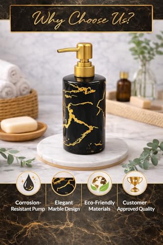 Whizzo Luxury Black Marble Design Ceramic Soap Dispenser with Gold Pump | Refillable Lotion Dispenser for Bathroom & Kitchen | Premium Ceramic Liquid Bottle (350ML, LD-088, Black) - Image 5