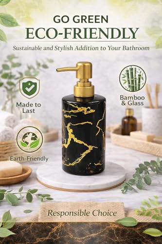 Whizzo Luxury Black Marble Design Ceramic Soap Dispenser with Gold Pump | Refillable Lotion Dispenser for Bathroom & Kitchen | Premium Ceramic Liquid Bottle (350ML, LD-088, Black) - Image 4