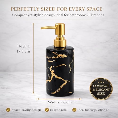 Whizzo Luxury Black Marble Design Ceramic Soap Dispenser with Gold Pump | Refillable Lotion Dispenser for Bathroom & Kitchen | Premium Ceramic Liquid Bottle (350ML, LD-088, Black) - Image 2