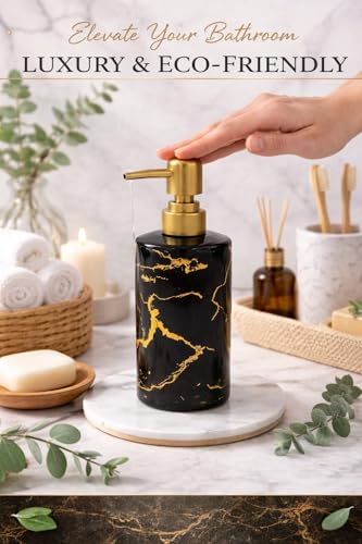 Whizzo Luxury Black Marble Design Ceramic Soap Dispenser with Gold Pump | Refillable Lotion Dispenser for Bathroom & Kitchen | Premium Ceramic Liquid Bottle (350ML, LD-088, Black) - Image 3
