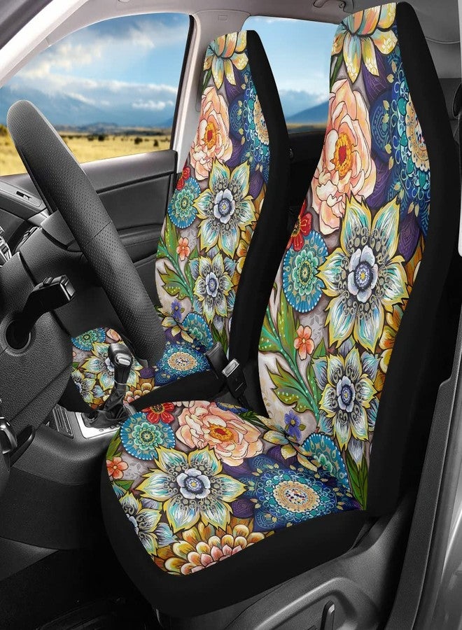 TOADDMOS Bright Blossoms Colorful Boho Floral Print Car Seat Covers for Women,Universal Auto Front Seats Protector Fits for Car,SUV Sedan,Truck - Image 2