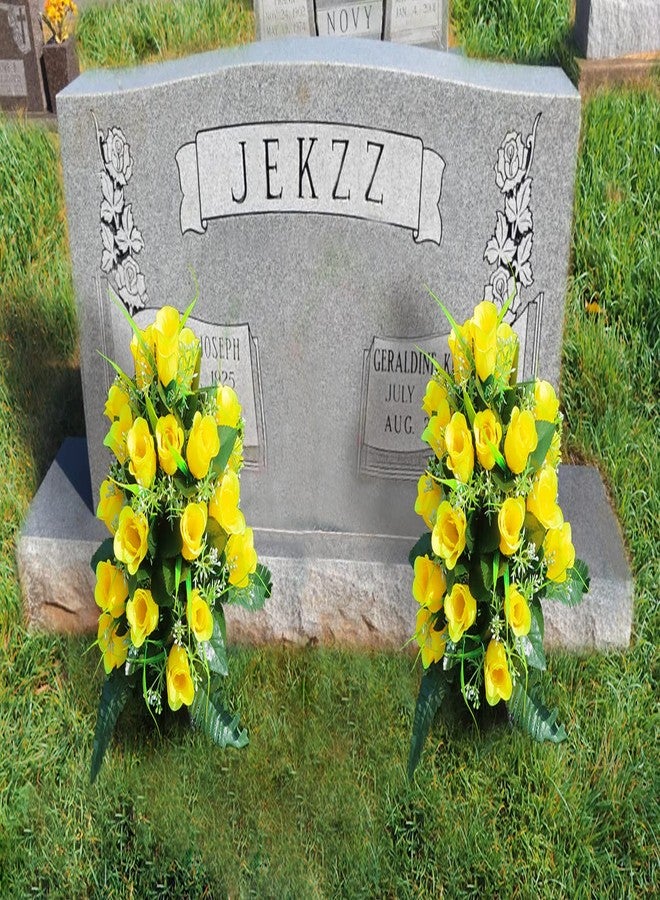 LVXINLI 2 Sets Artificial Cemetery Flowers,Outdoor Grave Decorations Roses,Beautiful Arrangements Bouquet with Cemetery Vase,Lasting and Non-Bleed Colors (Yellow) - Image 3