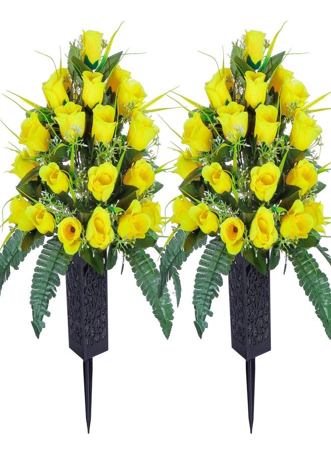 LVXINLI 2 Sets Artificial Cemetery Flowers,Outdoor Grave Decorations Roses,Beautiful Arrangements Bouquet with Cemetery Vase,Lasting and Non-Bleed Colors (Yellow) - Image 1