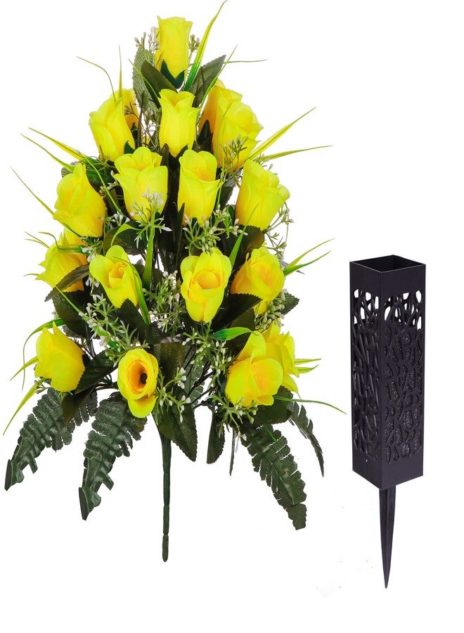 LVXINLI 2 Sets Artificial Cemetery Flowers,Outdoor Grave Decorations Roses,Beautiful Arrangements Bouquet with Cemetery Vase,Lasting and Non-Bleed Colors (Yellow) - Image 5