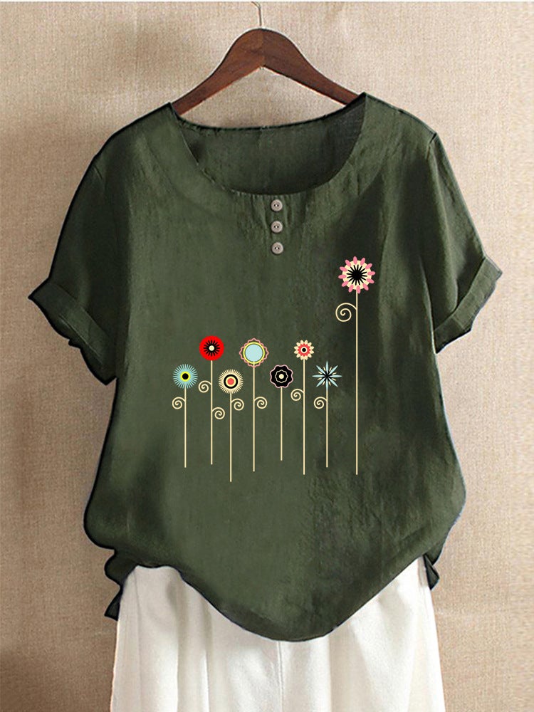new cotton and linen women's multi-color floral print decorative button loose casual round neck short sleeve t-shirt - Image 4