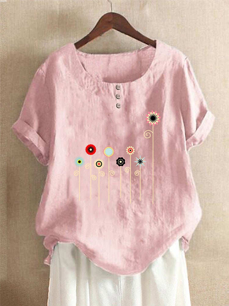 new cotton and linen women's multi-color floral print decorative button loose casual round neck short sleeve t-shirt - Image 5