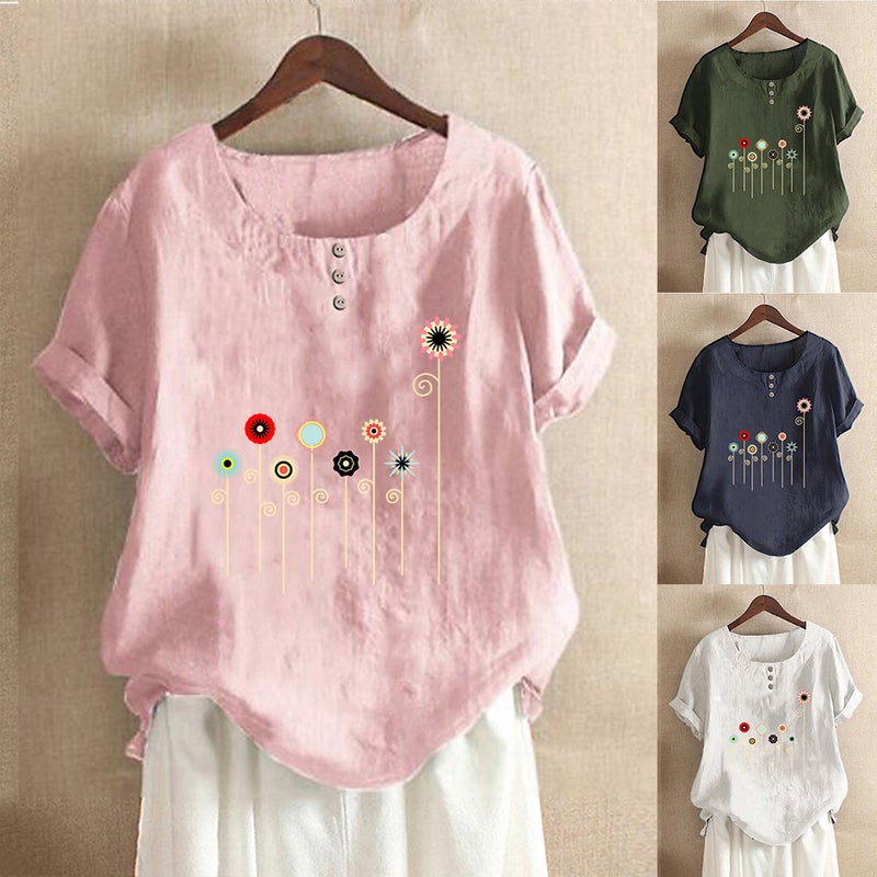 new cotton and linen women's multi-color floral print decorative button loose casual round neck short sleeve t-shirt - Image 2