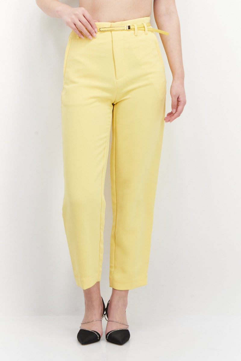 ONLY Women Slim Fit Straight Belted Pants, Cream Gold  - Image 1