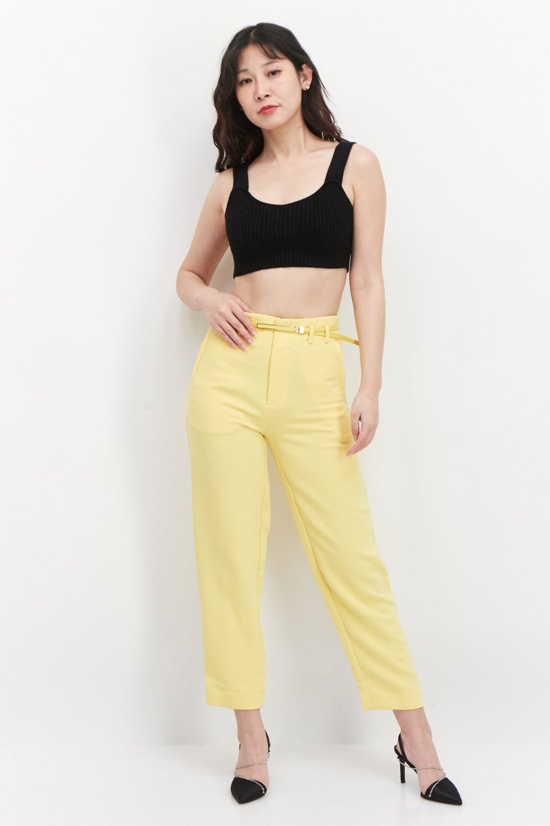 ONLY Women Slim Fit Straight Belted Pants, Cream Gold  - Image 4
