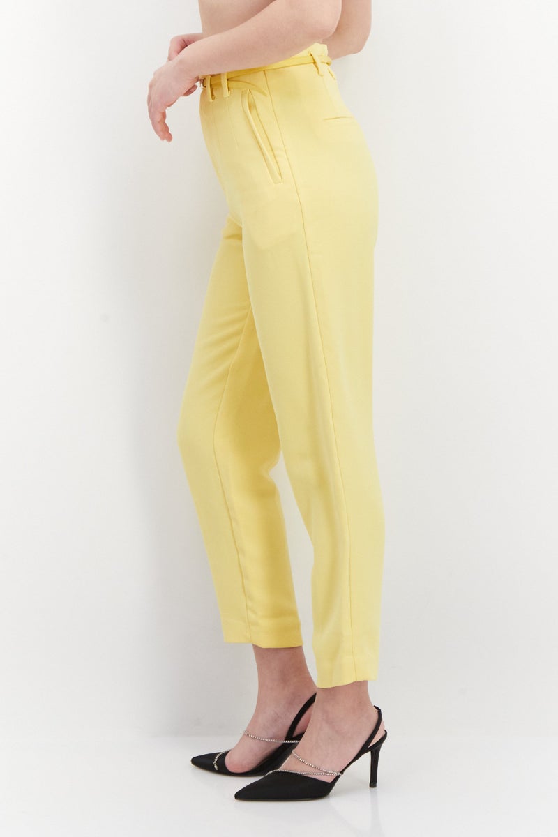 ONLY Women Slim Fit Straight Belted Pants, Cream Gold  - Image 3