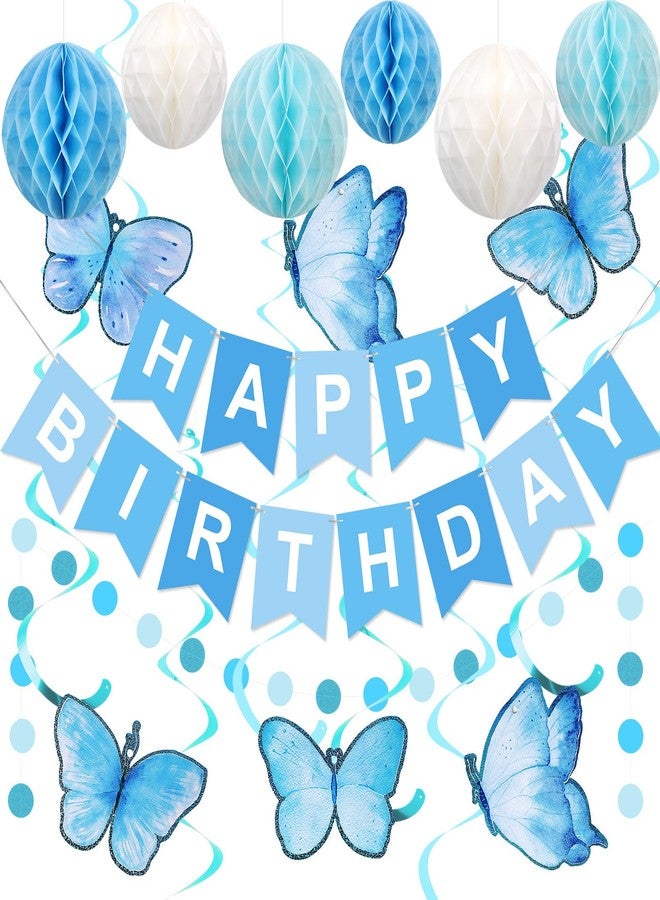 زينة عيد ميلاد رائعة، لافتة عيد ميلاد سعيد مع كرات على شكل خلية نحل، شرائط متدلية على شكل فراشات، إكليل من النقاط الدائرية، زينة حفلات عيد ميلاد سعيد للنساء والرجال والأولاد والبنات (أزرق) - Image 1
