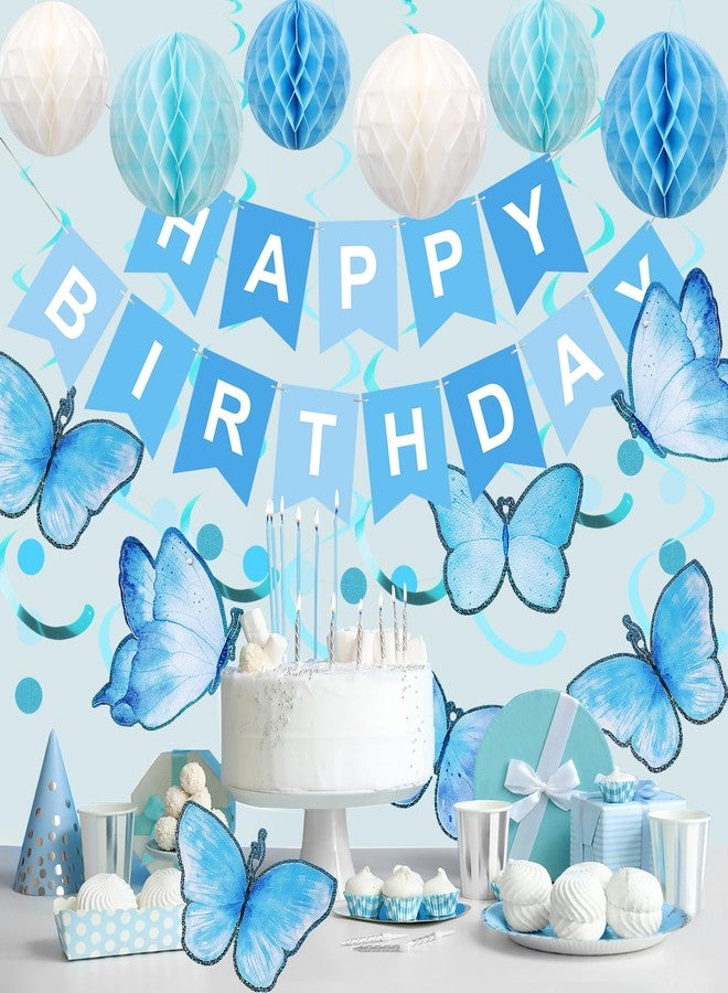 زينة عيد ميلاد رائعة، لافتة عيد ميلاد سعيد مع كرات على شكل خلية نحل، شرائط متدلية على شكل فراشات، إكليل من النقاط الدائرية، زينة حفلات عيد ميلاد سعيد للنساء والرجال والأولاد والبنات (أزرق) - Image 2