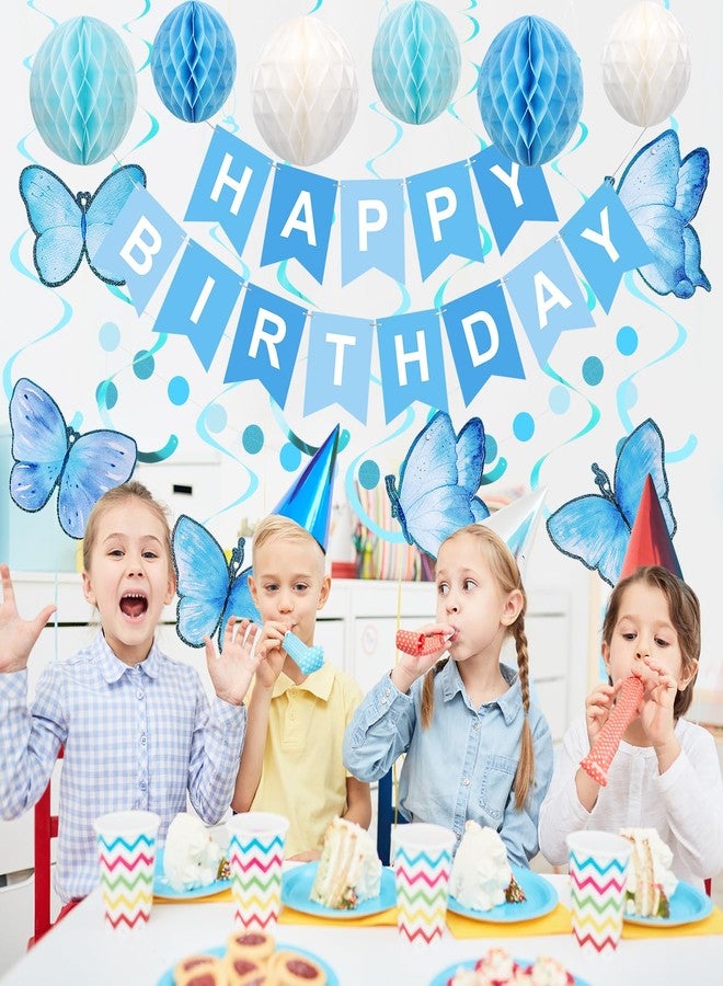 زينة عيد ميلاد رائعة، لافتة عيد ميلاد سعيد مع كرات على شكل خلية نحل، شرائط متدلية على شكل فراشات، إكليل من النقاط الدائرية، زينة حفلات عيد ميلاد سعيد للنساء والرجال والأولاد والبنات (أزرق) - Image 4