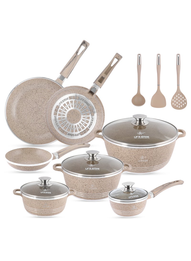 Life Smile 14-Piece Nonstick Granite Cookware Set – Cookwares with Stainless Steel Rim, Oven-Safe Pots and Pans set includes, Soup Pots(20cm,24cm, 28cm) with Lid ,Frying Pan(20cm,24cm,28cm),Saucepan 16cm with Lid & 3 Silicone Utensils (Soup Ladle, Skimmer,Turner) - Image 1